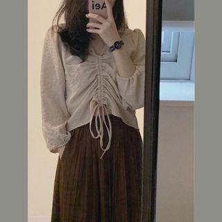Set: Long-sleeve Drawcord Top + Pleated A-line Midi Skirt