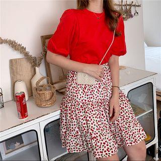 Set: Plain Short-sleeve T-shirt + Cherry Print Mini A-line Skirt As Shown In Figure - One Size