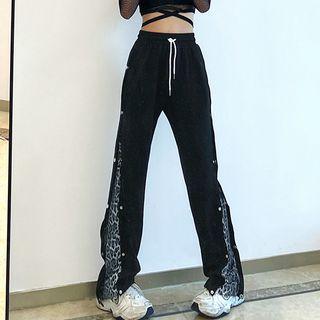 Leopard Print Panel High-waist Wide-leg Pants