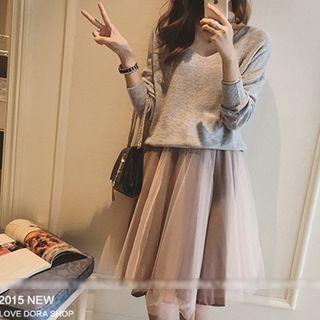 Mock Two Piece V-neck Sweater A-line Dress