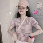 Short-sleeve Striped Crop Top Pink - One Size
