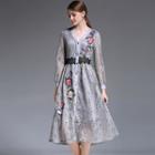 Lantern-sleeve V-neck Embroidered Lace A-line Dress