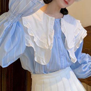Flared-cuff Collared Striped Blouse