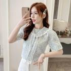 Mock Two-piece Short-sleeve Floral Print Tie-front Top