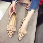 Bow-accent Studded Pointed Faux Suede Low Heel Pumps