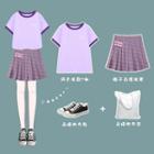 Short-sleeve Contrast Trim T-shirt / Plaid Buckled Pleated A-line Mini Skirt
