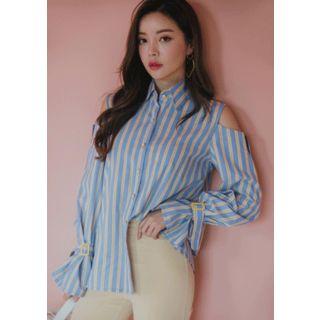 Cutout-shoulder Buckle-sleeve Stripe Shirt