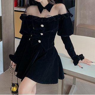 Long-sleeve Velvet Blouse / A-line Skirt / Set