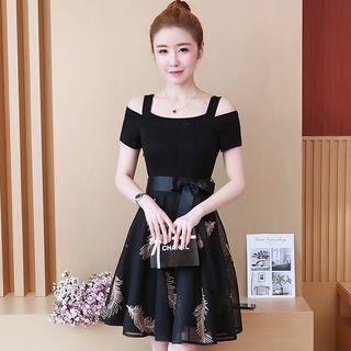 Feather Embroidered Cold-shoulder A-line Dress