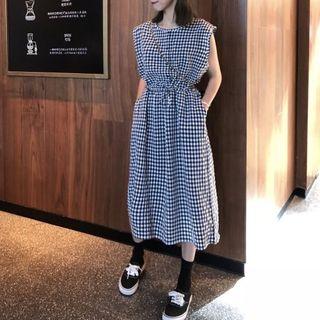 Plaid Sleeveless Drawstring Waist Midi Dress As Shown In Figure - One Size