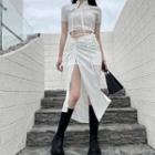 Set: Short Sleeve Stand Collar Cropped Top + Ruched Slit Midi Mermaid Fitted Skirt