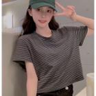 Striped Short-sleeve Cropped T-shirt As Shown In Figure - One Size