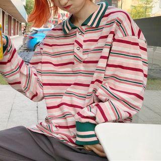 Long-sleeve Striped Polo Shirt Stripe - One Size