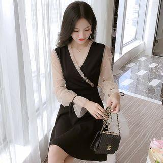 Puff-sleeve Faux Pearl A-line Dress