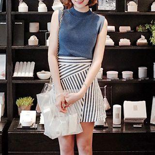 Set: Plain Mock Neck Knit Tank Top + Striped A-line Skirt