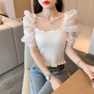 Puff-sleeve Paneled Shirred Blouse