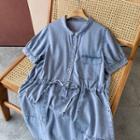 Short-sleeve Drawstring-waist Denim Shirtdress Blue - One Size