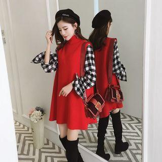 Set : Gingham Long-sleeve Shirtdress + Plain Vest