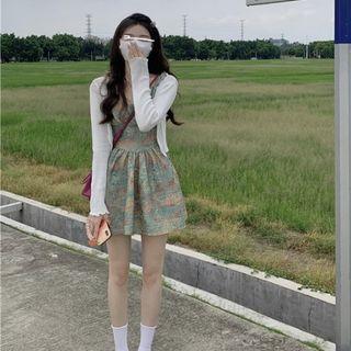 Tie-dye Spaghetti Strap Mini Dress / Plain Ribbed Knit Cropped Cardigan