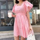 Ruffle-sleeve Button-back Linen Dress Pink - One Size