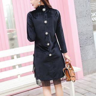 Long-sleeve Mock-neck Pleuche A-line Dress
