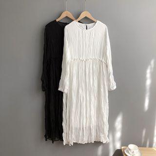Long-sleeve Draped Plain Dress