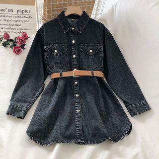Long-sleeve Mini A-line Denim Shirt Dress