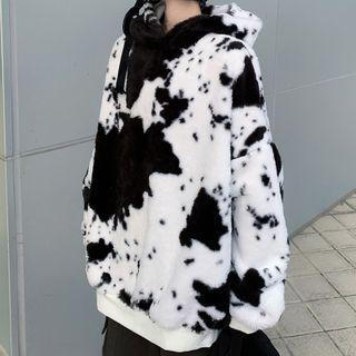 Abstract Print Fluffy Hoodie Black & White - One Size