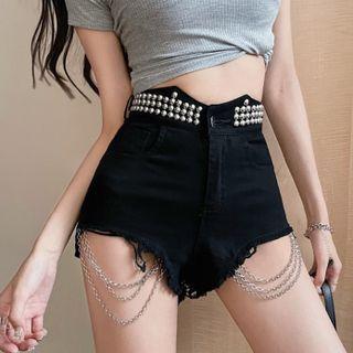 Studded Chain Detail Denim Hot Pants