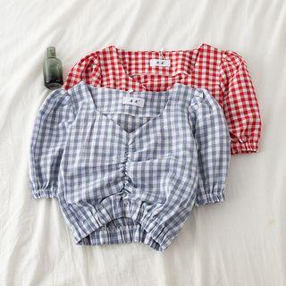 Check V-neck Cropped Blouse