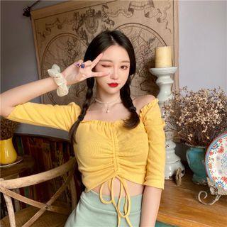 3/4-sleeve Drawstring Cold Shoulder Top