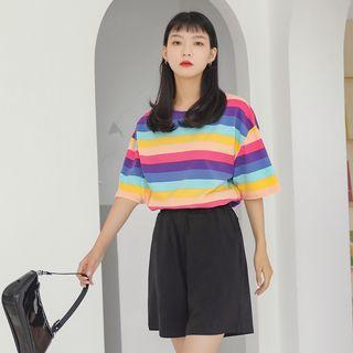 Elbow-sleeve Striped T-shirt Stripes - Multcolor - One Size