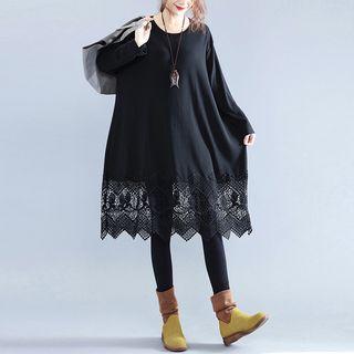 Lace Hem Long-sleeve Midi T-shirt Dress