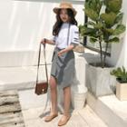 Set: Ripped Short-sleeve T-shirt + Asymmetric Pencil Skirt