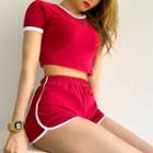 Set: Contrast Trim Cropped T-shirt + Sweatshorts