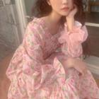 Floral Print Bell-sleeve Maxi A-line Dress Pink - One Size