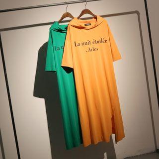 Lettering Hooded Short-sleeve Midi T-shirt Dress
