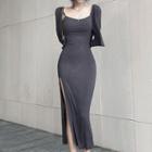 Set: Spaghetti Strap Side-slit Midi Bodycon Dress + Long-sleeve Cardigan