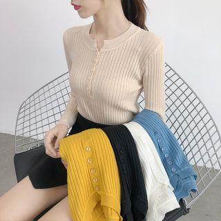 Long-sleeve Plain Ribbed Knit Top