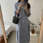 Plain 3/4-sleeve Tie-waist Midi Dress