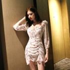 Elbow-sleeve Cherry Embroidered Drawcord Mini Dress