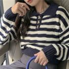 Collared Striped Knit Top White - One Size