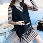 Set: Long-sleeve Striped Knit Dress + Knit Fringe Vest