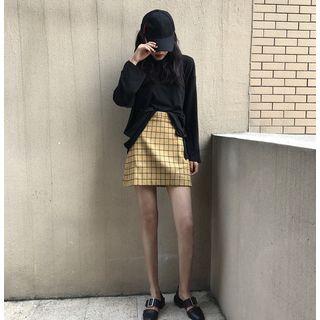 Set: Window Pane A-line Skirt + Printed Back Long Sleeve T-shirt