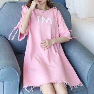 Elbow-sleeve Letter Denim Mini Dress