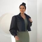 Puff-sleeve Cropped Pleather Jacket Black - One Size