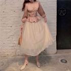V-neck Long-sleeve Slim-fit Blouse / Mesh Skirt