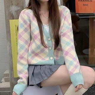 Plaid Cropped Cardigan Plaid - Blue & Purple - One Size