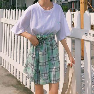 Set: Short Sleeve Plain T-shirt Dress + Plaid Lace-up Skirt