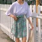 Set: Short Sleeve Plain T-shirt Dress + Plaid Lace-up Skirt